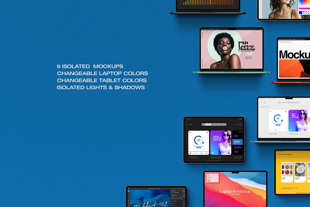 A grid of 9 isolated laptop and tablet mockups on a blue background, highlighting color change and isolated elements.