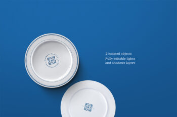 Flat-lay mockup with two white ceramic plates and editable shadows—perfect for kitchen product branding and product presentation visuals.