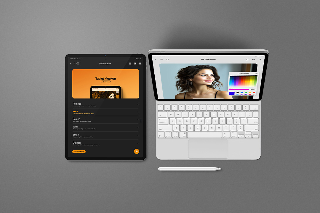 A flat-lay scene showing a horizontal iPad Pro with Magic Keyboard on the right and a vertical iPad Pro on the left with an Apple Pencil.