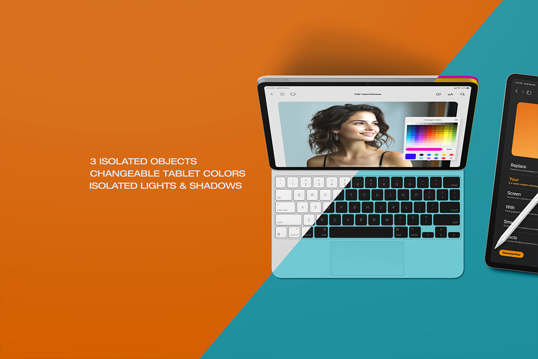 A close-up flat-lay view of a horizontal iPad Pro with Magic Keyboard, showcasing changeable tablet colors and isolated lights & shadows.