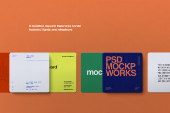 Business card mockup with six 5×5 rounded square cards aligned horizontally on orange flat-lay ideal for branding and print design.