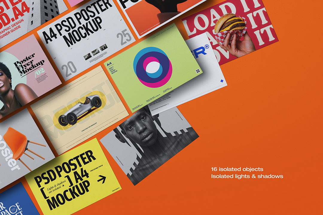 Flyer mockup A4 set displayed at various angles on orange background, featuring poster templates with bold typography, graphics, and photography for print design presentation.