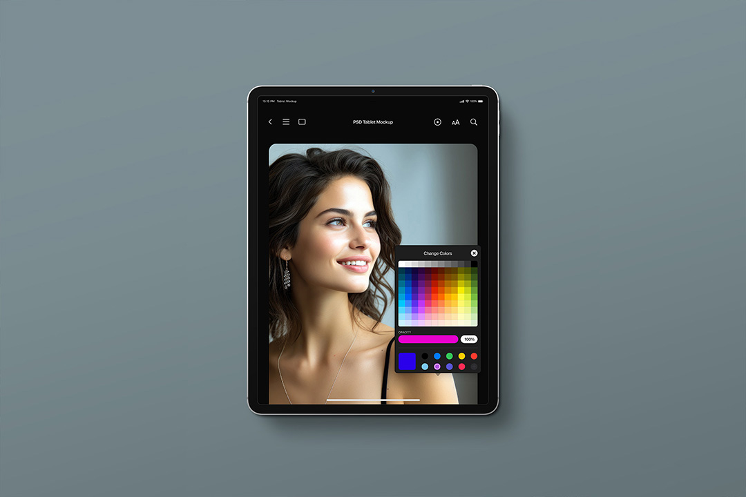 Free iPad Pro mockup flat-lay with isolated tablet screen, editable Smart Object, independent shadows and lights for UI, app and branding previews.