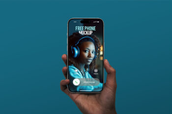 Free iPhone mockup with hand holding device, isolated PSD file with editable Smart Object screen and separated shadows for app and branding previews.