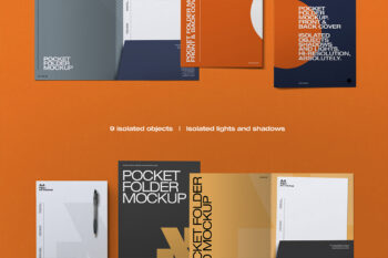 Pocket folder mockup on orange flat-lay showing open interior, front covers, A4 papers and feature text corporate branding.
