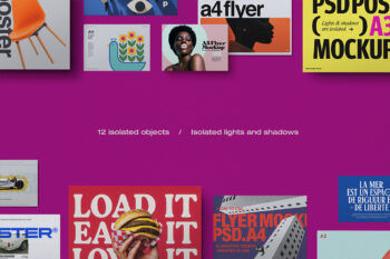 Poster mockup set with 12 isolated objects including A3 posters and A4 flyers featuring diverse graphic designs with independent lighting on purple background for marketing materials showcase.