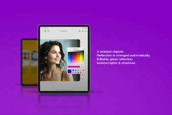 Tablet mockup with foreground iPad Pro on reflective purple surface, color-picker overlay visible; blurred tablet behind app UI, branding.