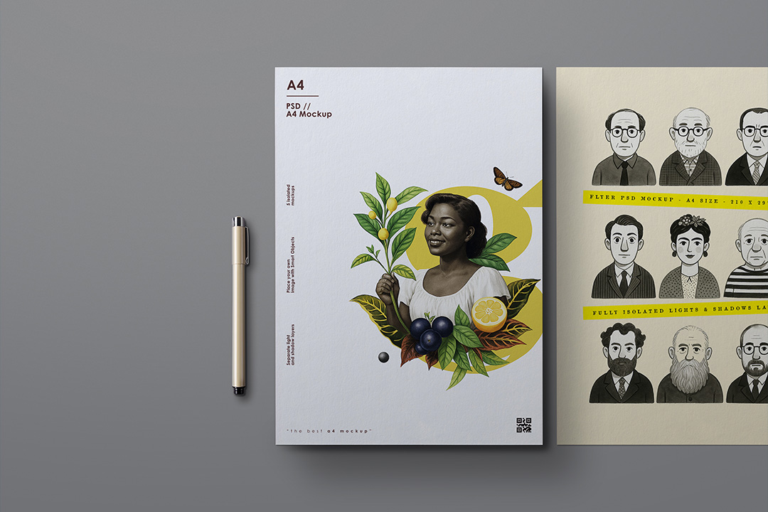 Free A4 paper mockup with two sheets and a pen in flat-lay view, isolated PSD with Smart Objects and editable shadows for branding and print previews.