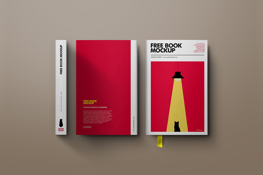 Free book mockup with front cover, back cover, and spine views, isolated PSD file with editable Smart Objects and separate shadows for book cover design previews.