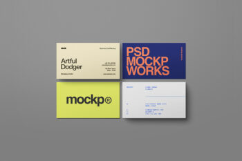 Free business card mockup with four 3.5 × 2 in cards in flat-lay view, isolated PSD file with editable Smart Objects and separate shadows for branding previews.