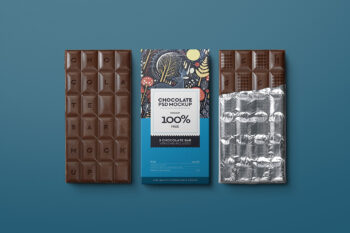 Free chocolate bar mockup with three bars in flat-lay view, isolated PSD file with editable Smart Objects and separate shadow layers for packaging previews.