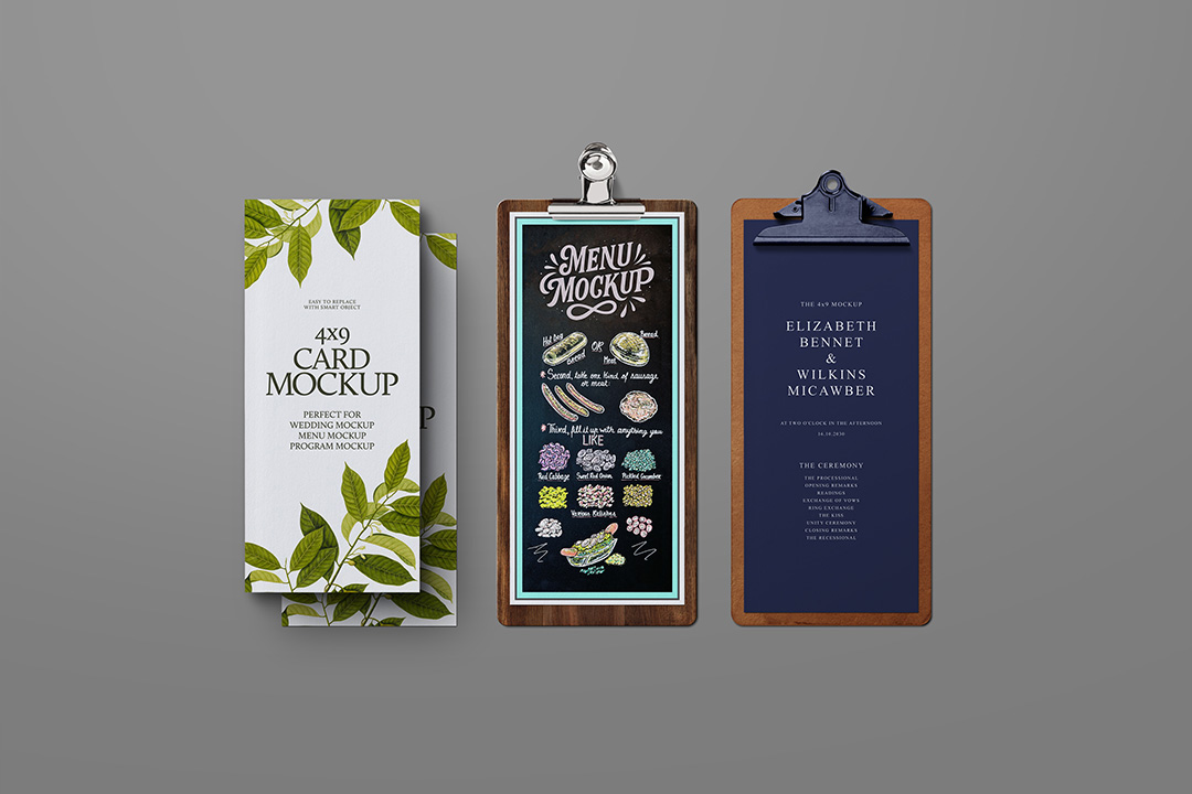 Free clipboard and card mockup with two clipboards and one 4x9 paper, isolated PSD file with editable Smart Objects and separate shadows for menus, flyers, and branding previews.