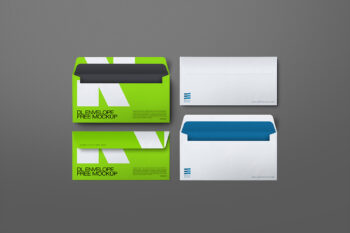 Free DL envelope mockup with four isolated envelopes in flat-lay view, PSD file with editable Smart Objects and separate shadows for stationery and branding.
