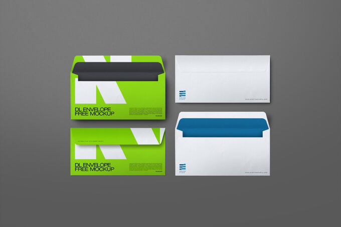 Free DL envelope mockup with four isolated envelopes in flat-lay view, PSD file with editable Smart Objects and separate shadows for stationery and branding.