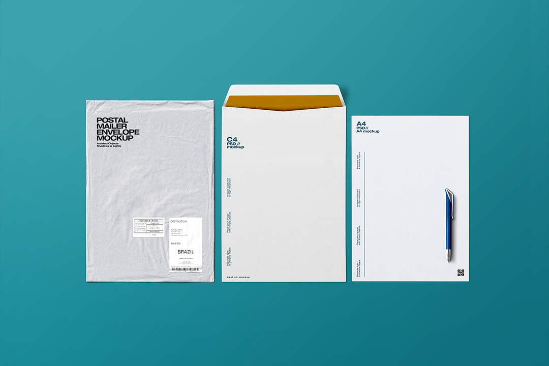 Free envelopes mockup with mailing envelope, C4 envelope, and A4 sheet plus pen, isolated PSD file with editable Smart Objects and shadows for stationery and branding previews.