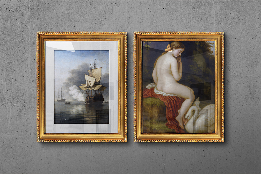 Free frame mockup with two vintage golden frames side by side, isolated PSD file with editable Smart Objects and separate shadows for artwork, posters, and photography.