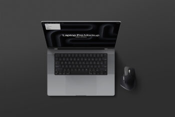Free laptop mockup in flat-lay view with MacBook Pro and Logitech MX Master 3 mouse, isolated PSD with editable Smart Object screen and independent shadows.