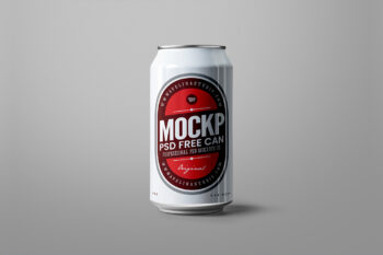 Free soda can mockup with isolated 350 ml aluminum can, PSD file with editable Smart Objects and separate shadows for beverage branding and packaging previews.