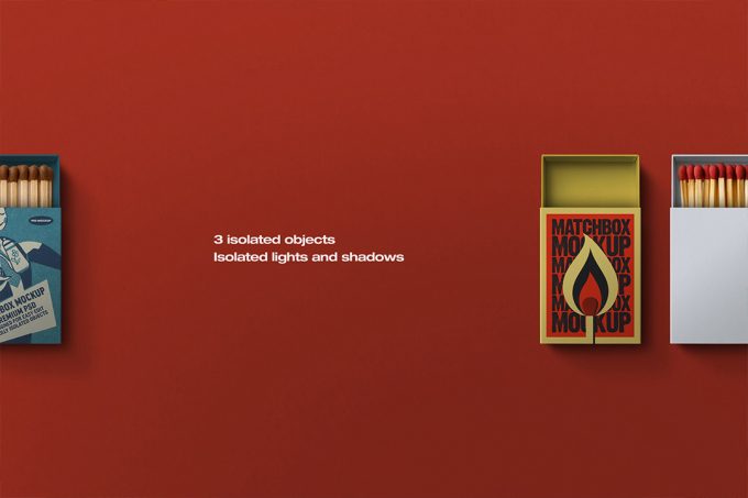 Flat-lay matchbox mockup showing three isolated boxes with editable Smart Objects and realistic shadows, ideal for branding and packaging presentations.