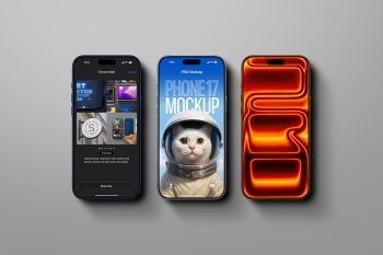 Phone mockup flat-lay with three iPhone 17 screens, isolated devices with editable Smart Objects for app design and branding.