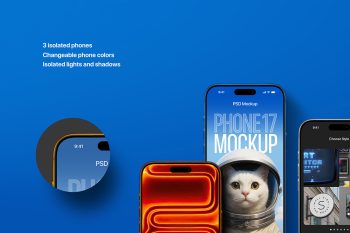 Phone mockup flat-lay showing three iPhone 17 phones with screen close-up detail, ideal for app design, branding and e-commerce.