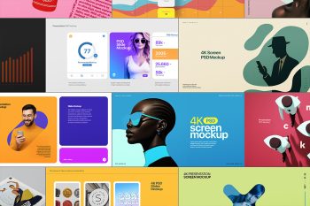 A grid of multiple 4K presentation screen mockups showcasing various UI/UX designs.