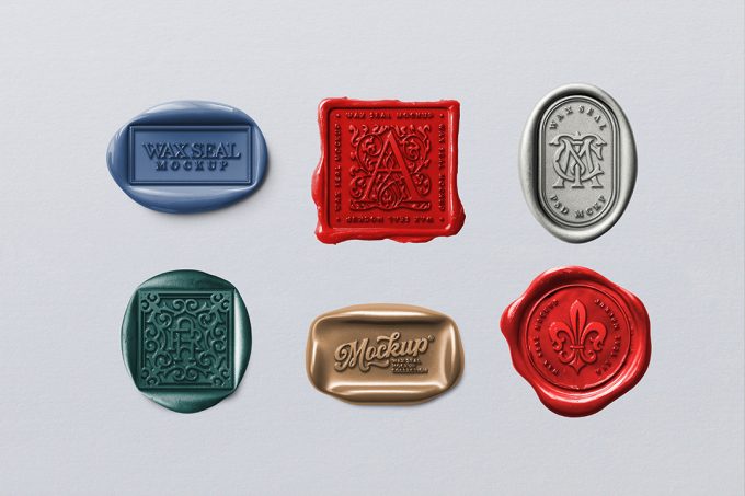 Wax seal mockup flat-lay with six isolated stamps in circular, square, rectangular and pill-shaped formats, perfect for branding, packaging and wedding stationery design.