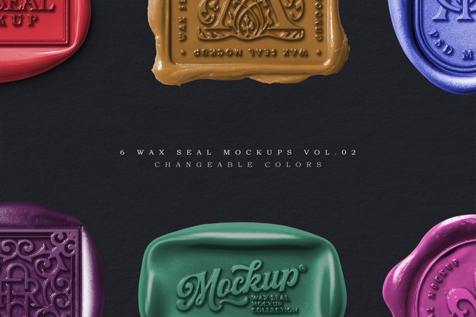 Wax seal mockup flat-lay showing colorful circular, square, rectangular and pill-shaped stamps with embossed logo details, ideal for packaging, logo branding and invitation previews.