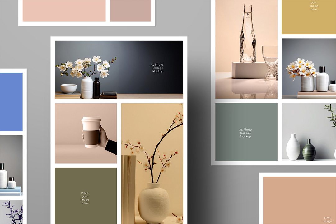 A4 photo collage mockup flat-lay showing multiple framed compositions with customizable borders, ideal for photography, portfolio and print design.