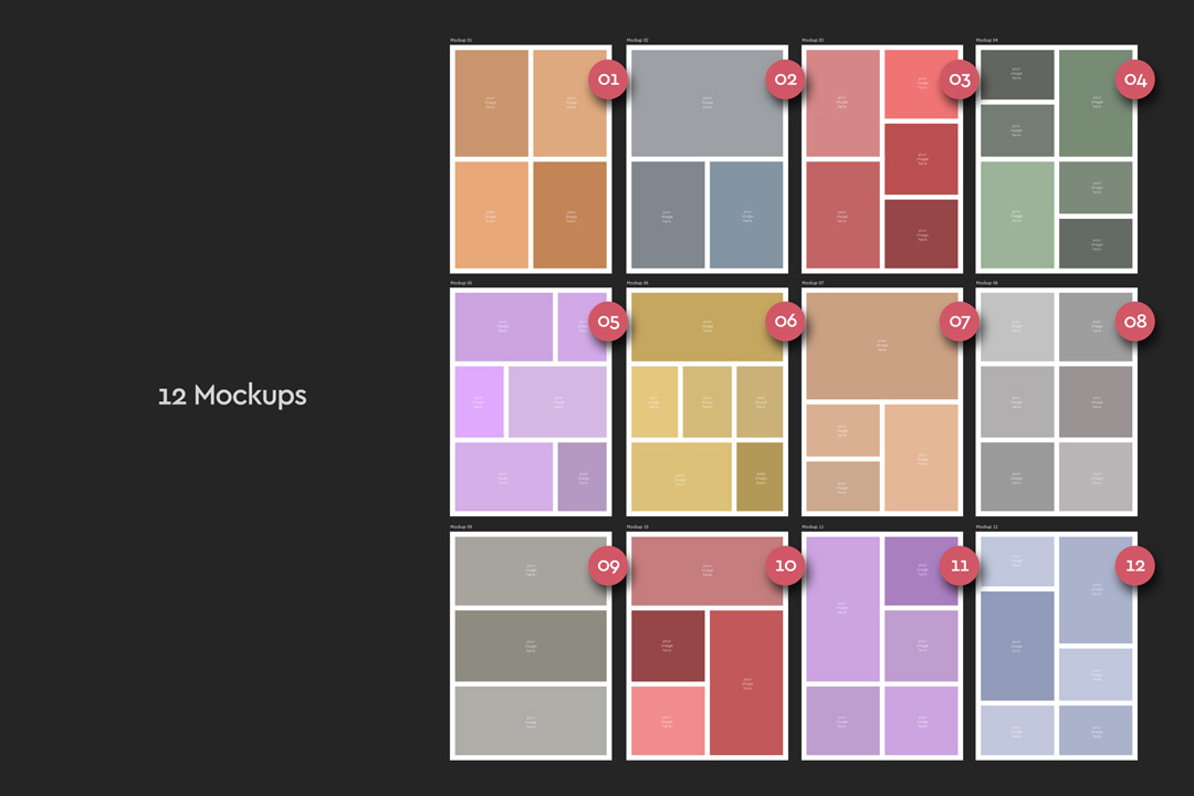 A4 photo collage mockup set displaying 12 isolated layouts with editable frames and Smart Objects, perfect for branding, editorial and creative showcases.