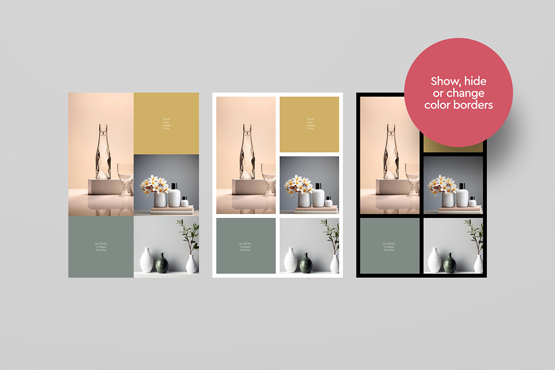 A4 photo collage mockup with customizable frames and grid layout, ideal for moodboard, editorial portfolio and print design.