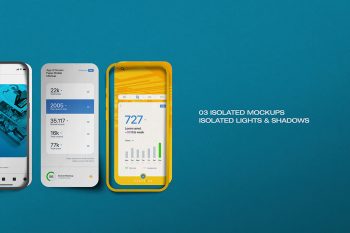 Paper-style app UI mockup flat-lay featuring three mobile screens with editable Smart Objects, ideal for UI/UX case studies and portfolio design previews.