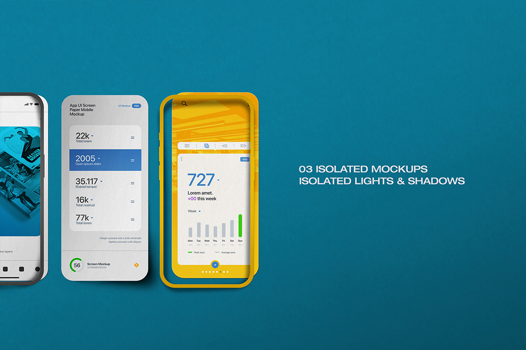 Paper-style app UI mockup flat-lay featuring three mobile screens with editable Smart Objects, ideal for UI/UX case studies and portfolio design previews.