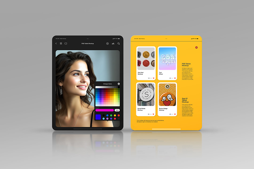 App UI mockup showing two front-view tablet screens with editable Smart Objects, ideal for UX presentation and app design showcases.