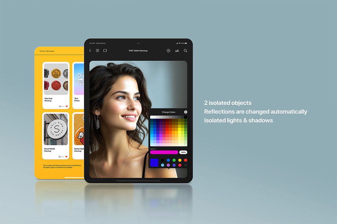 App UI mockup with two isolated tablet screens in front view, editable shadows for precise UX previews and client portfolio displays.