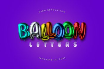 Balloon letters PSD showing colorful metallic foil word “BALLOON” in red, green, blue, yellow, silver, and orange over purple background for party branding and event desig