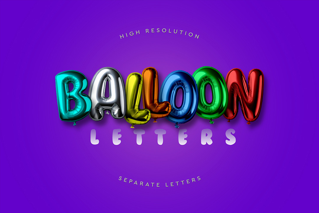 Balloon letters PSD showing colorful metallic foil word “BALLOON” in red, green, blue, yellow, silver, and orange over purple background for party branding and event desig