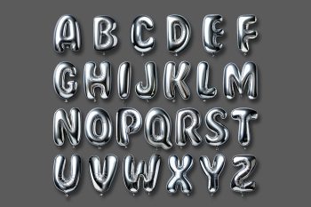 Balloon letters PSD featuring full metallic foil alphabet A to Z in silver tone arranged in rows on gray background with realistic reflections for celebration graphics and print design.