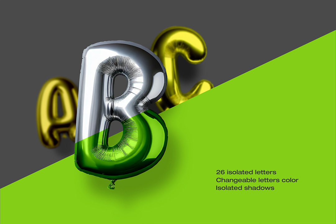 Balloon letters PSD close-up of metallic foil letter B in silver and green with blurred gold and yellow letters behind over divided green and gray background for festive branding visuals