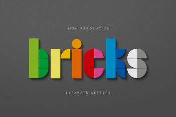 Bricks toy letters PSD showing colorful Lego-style typography spelling “bricks” with separated toy pieces in green, yellow, orange, blue, red, and white on dark background