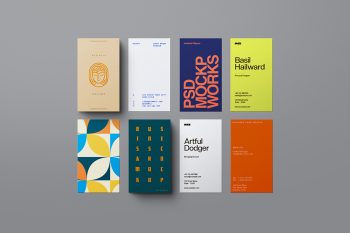 Business card mockup flat-lay showing eight isolated vertical cards with editable Smart Objects, perfect for branding, stationery and print design.