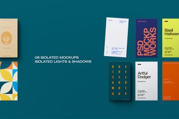 Vertical business card mockup set with eight isolated cards in various colors and layouts, ideal for branding, corporate identity and design presentations.