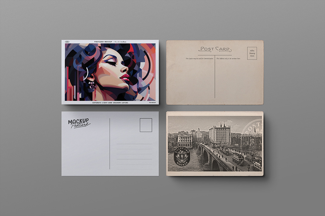 Postcard mockup flat-lay with four isolated cards showing modern and vintage papers, front and back views for branding and print design presentations.
