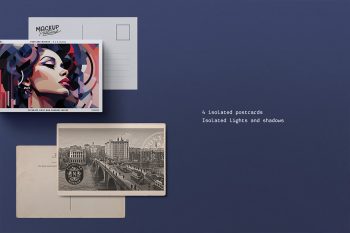 Postcard mockup flat-lay featuring white and aged yellow paper styles with realistic shadows, ideal for stationery, branding, and travel postcard design.