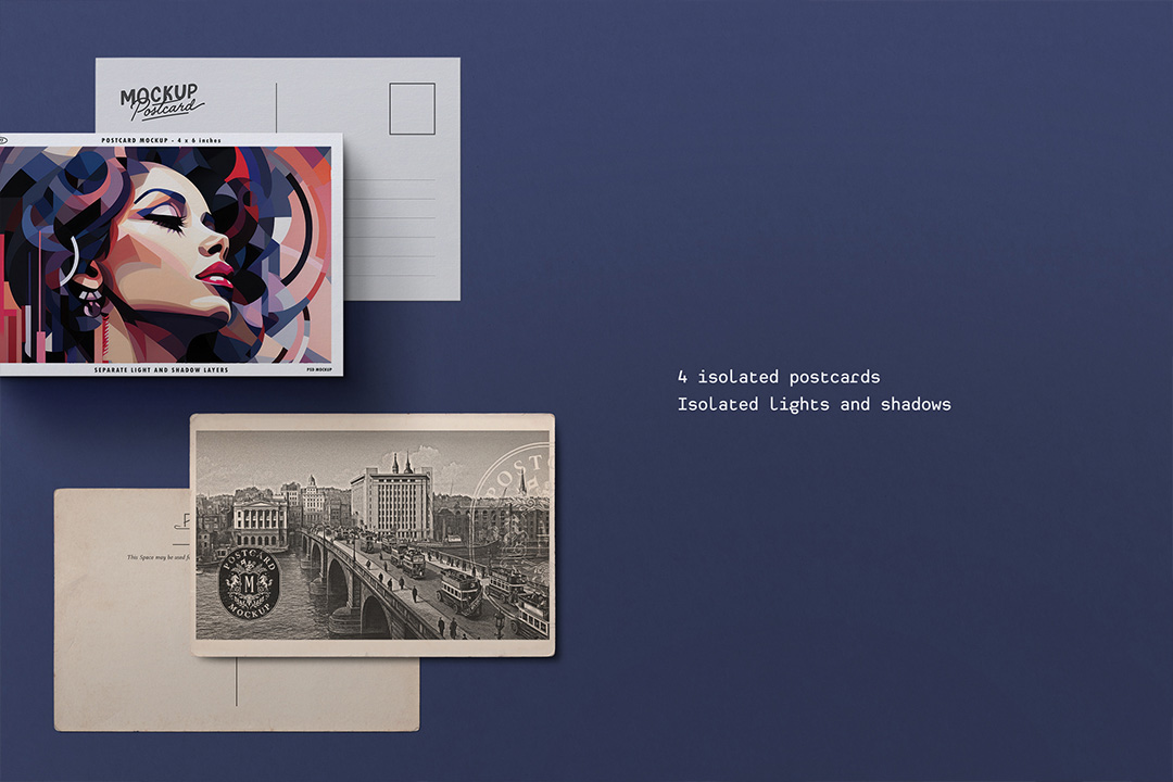 Postcard mockup flat-lay featuring white and aged yellow paper styles with realistic shadows, ideal for stationery, branding, and travel postcard design.