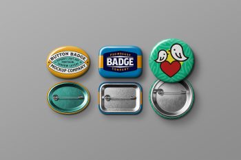 Button badge mockup with 3 isolated badges in round, rectangle, and oval shapes on a gray background—ideal for branding, merchandise, and product presentations.