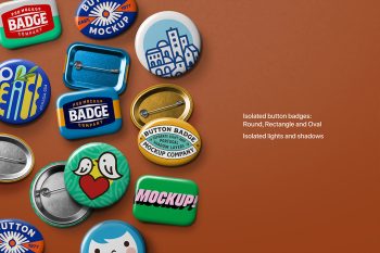 Button badge mockup flat-lay showing multiple round, rectangle, and oval badges scattered on a brown surface with realistic shadows—perfect for branding, marketing visuals, and promotional design.