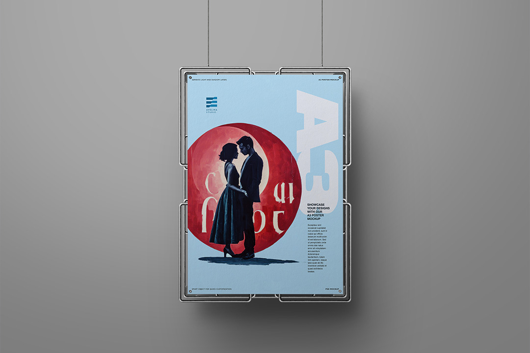 Free A3 poster mockup close up showing hanging metal frame corner with separate light and shadow layers for print branding.