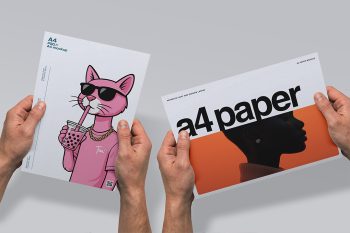 A4 paper mockup with hands holding sheet in portrait and landscape orientations for poster and document design presentation.