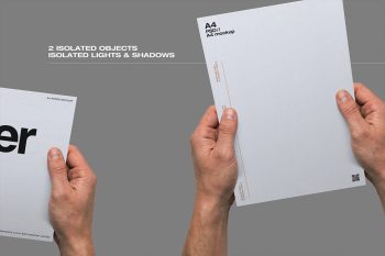 A4 paper mockup with hands holding sheet in landscape and portrait orientations for flyer and print layout presentation.